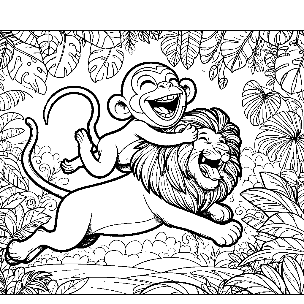 Joyful monkey riding a lion in the jungle coloring page for kids coloring page