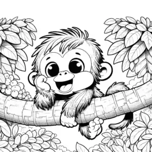 Adorable and happy orangutan coloring page with tropical elements coloring page