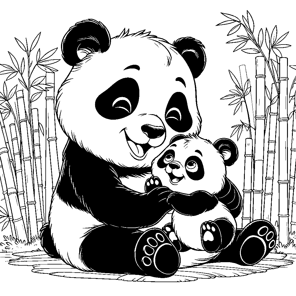Joyful panda bear holding a cute panda baby, both smiling in a bamboo forest coloring page