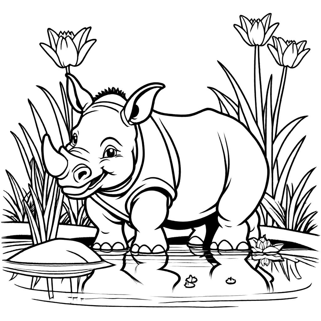 Cute Rhinoceros coloring page with joyful expression enjoying day by the pond with ducks and lilies coloring page