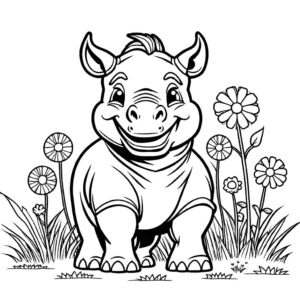 Cute Rhinoceros coloring page with joyful expression standing in grassy field surrounded by flowers coloring page