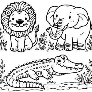 Lion, elephant, and crocodile in a jungle coloring page