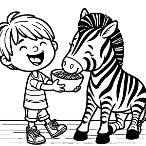 Kid happily feeding a zebra coloring page