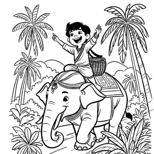 Joyful kid riding a big elephant in a simple jungle coloring page