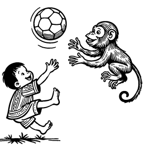 Kid and monkey playing ball catch-up coloring page
