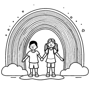 Kids holding hands and standing in front of a colorful rainbow coloring image coloring page