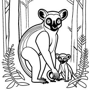 Lemur mother with baby walking in forest coloring page