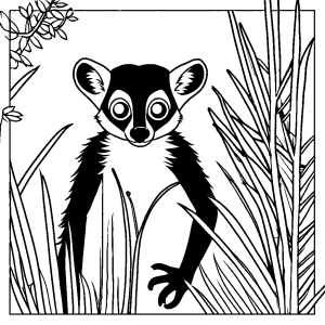 Lemur peering out from behind bush with wide eyes coloring page