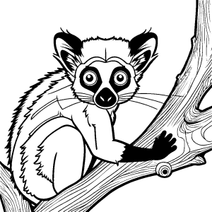 Lemur with round eyes and long tail resting on tree branch coloring page