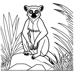 Lemur sitting on rock in jungle habitat Coloring Page