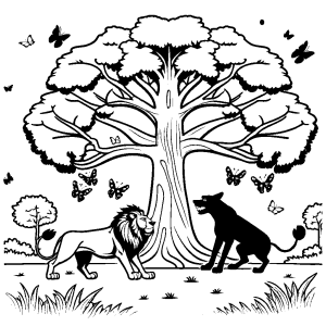 Lion and dog playing under a tree with butterflies coloring page