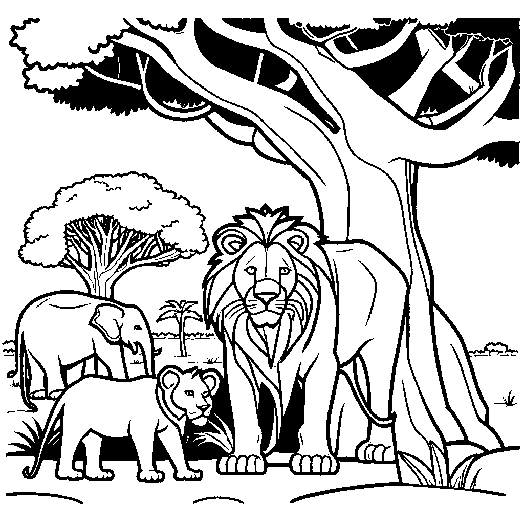 Jungle coloring page with lion under tree and elephants in the background coloring page