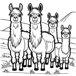 Group of llamas of different sizes and colors in a field coloring page