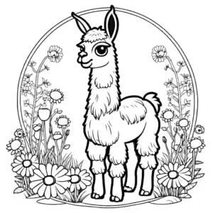 Detailed sketch of llama surrounded by flowers and plants coloring page