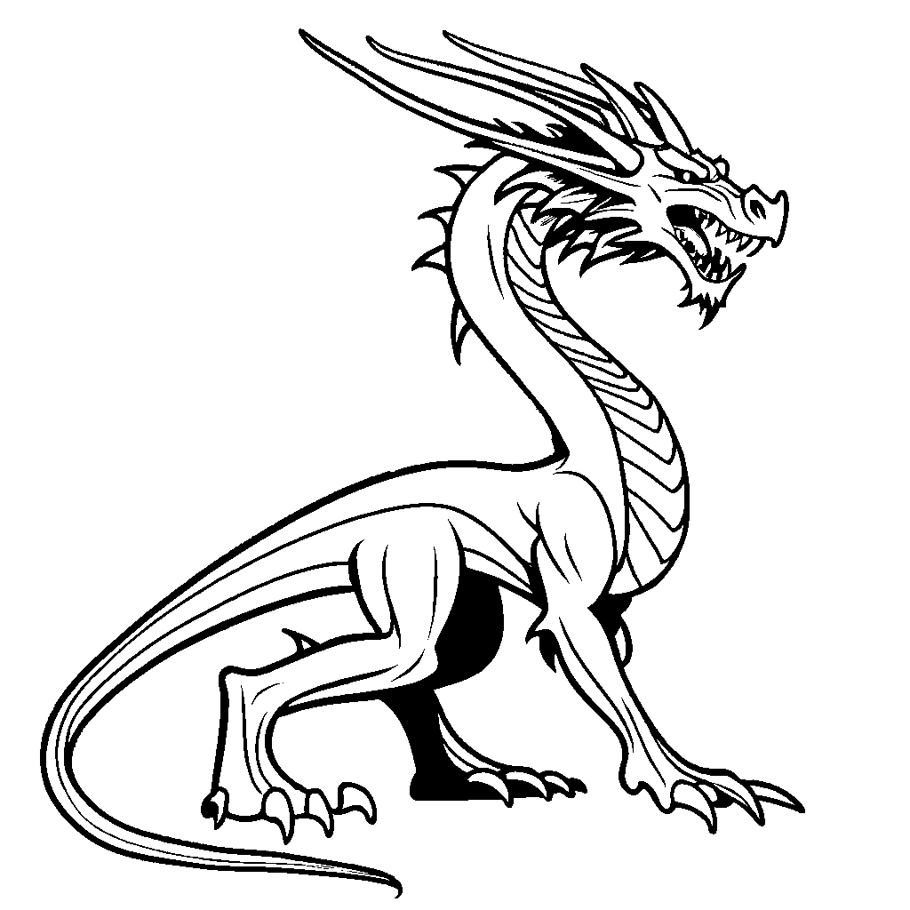 Outline of dragon with long neck and flowing mane coloring page