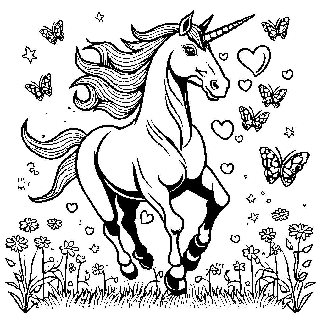 Magical unicorn with a rainbow horn prancing through a meadow with butterflies and hearts. coloring page