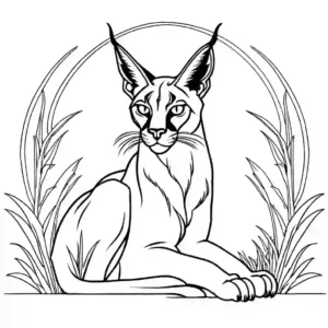 Black and white illustration of a Caracal in a majestic pose coloring page