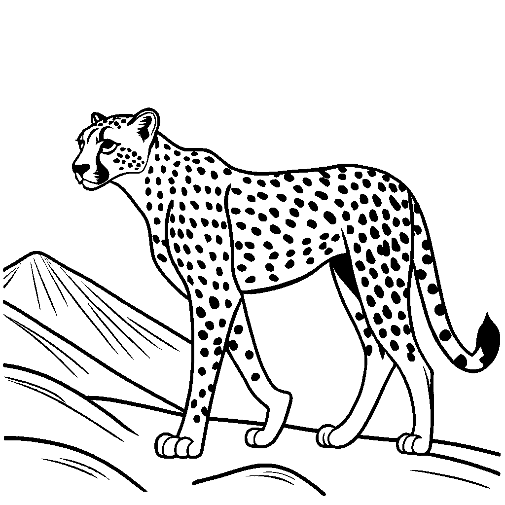 Cheetah with majestic spotted coat walking in the wilderness coloring page