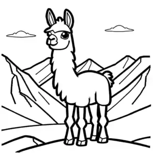Majestic llama standing on hill with mountains in background coloring page