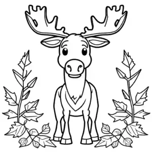 Moose coloring page surrounded by autumn leaves and foliage coloring page