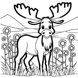Moose coloring page surrounded by colorful wildflowers coloring page