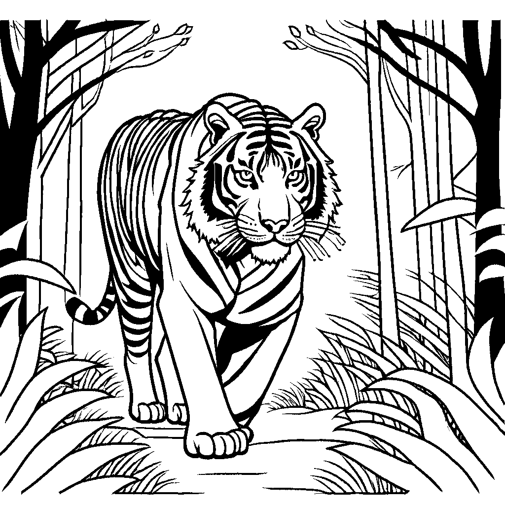 Tiger walking in leafy forest coloring page