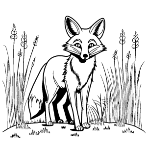 Fox with big eyes and bushy tail walking in the meadow coloring page