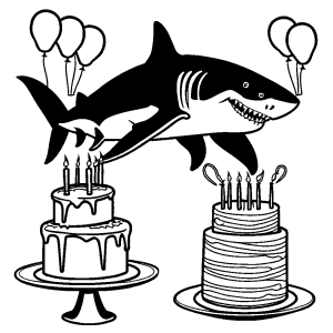 Megalodon celebrating with a birthday cake and balloons coloring page