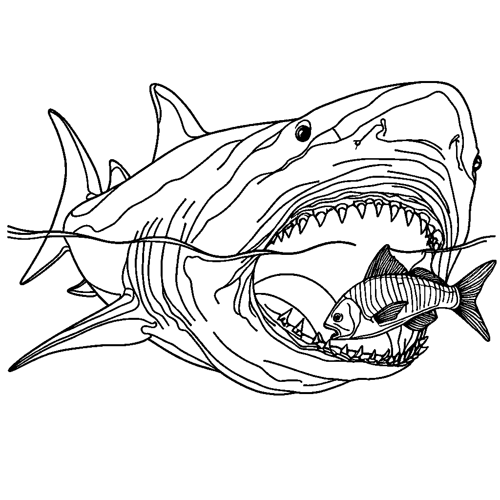 Megalodon shark eating fish underwater coloring page