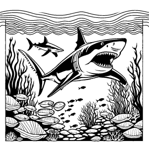 Megalodon family searching for prey near a coral reef coloring page