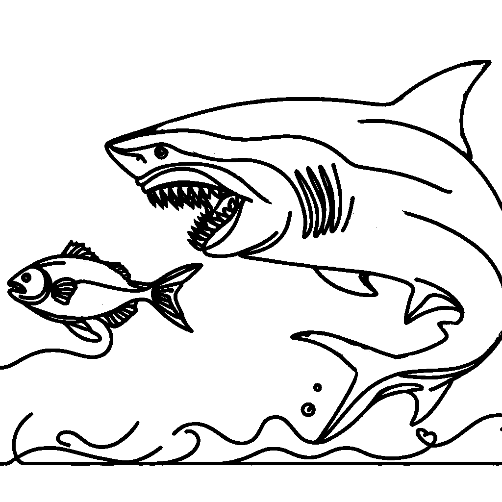 Megalodon hunting fish in the ocean - simple black and white coloring page
