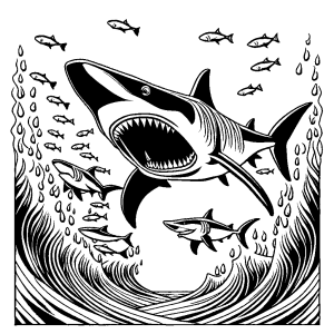 Megalodons patrolling the depths of the ocean with a school of fish coloring page