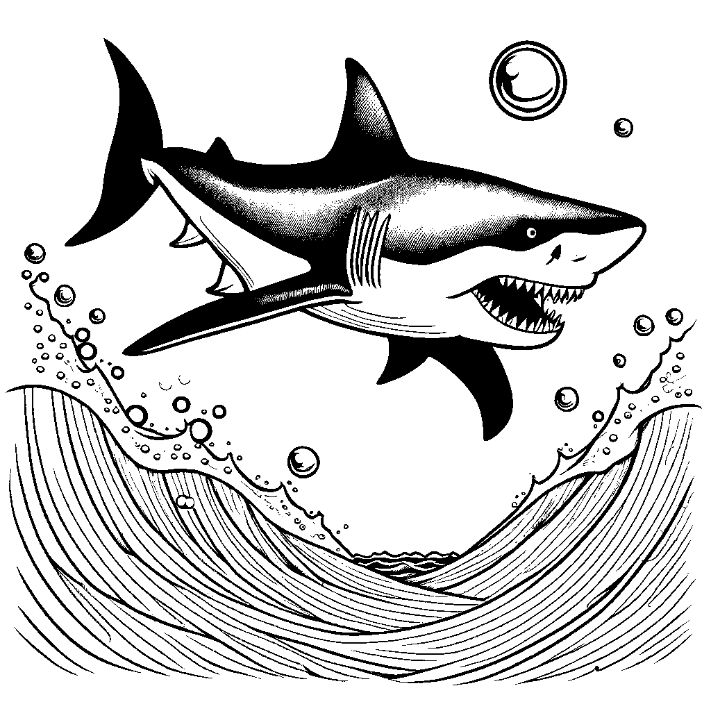 Megalodon shark swimming in the ocean coloring page