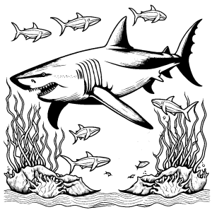 Rough outline of a Megalodon shark surrounded by smaller marine creatures