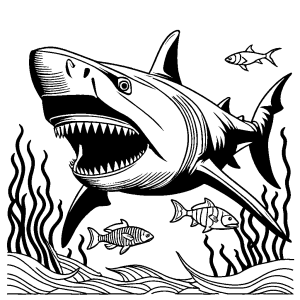 Megalodon wearing a snorkel and swimming with colorful fish coloring page