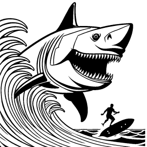 Megalodon riding waves with a surfboard coloring page