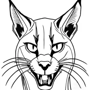 Menacing wild caracal with an open mouth and sharp, pointed teeth coloring page