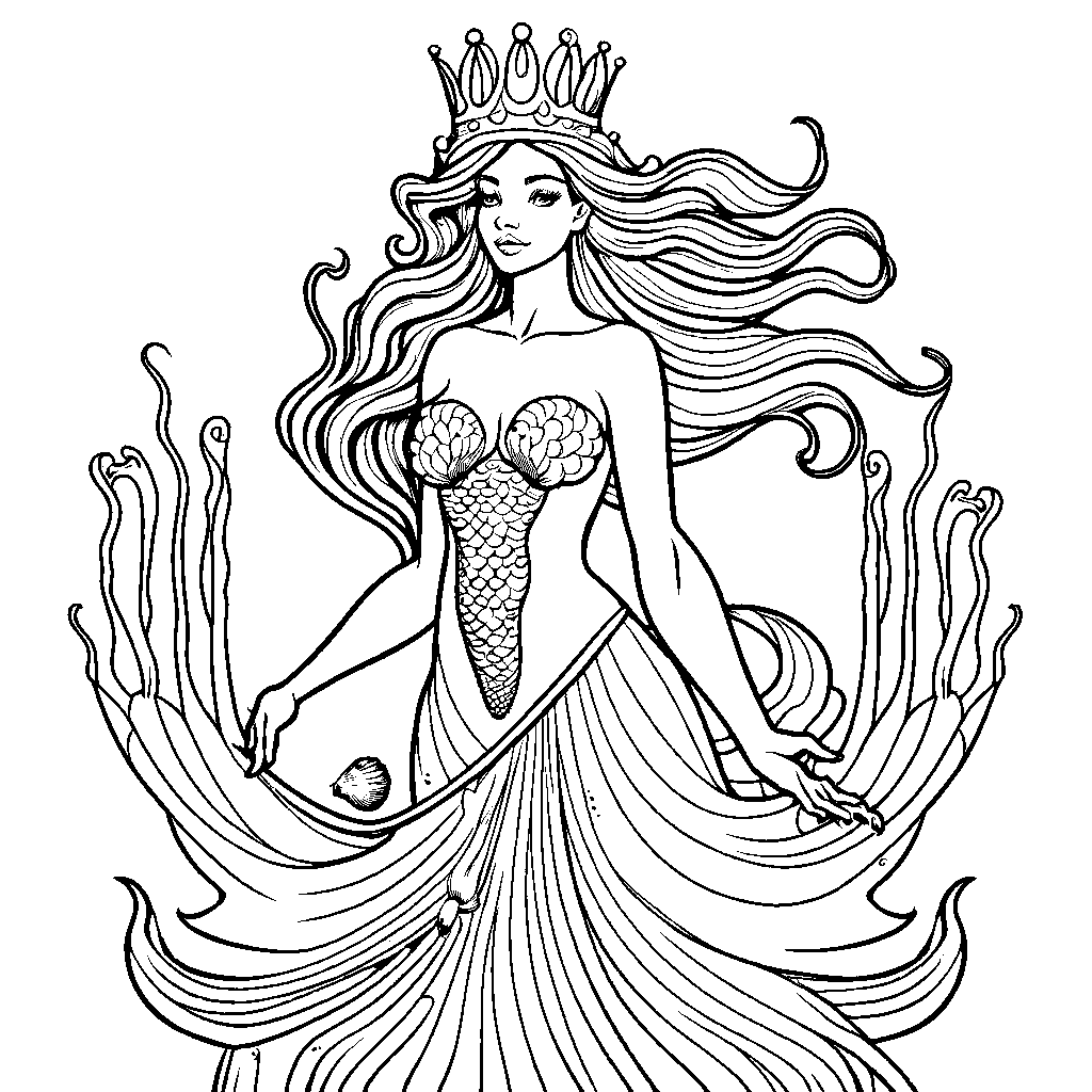 Mermaid with seashell crown and gown coloring page