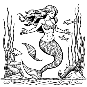 Mermaid with dolphins coloring page