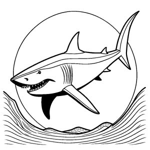 Minimalistic megalodon swimming in the deep sea coloring page