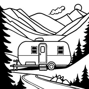 Simple coloring page of a trailer home on a mountain road coloring page