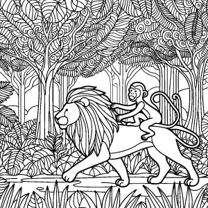 Monkey riding lion in jungle coloring page