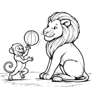 Joyful monkey playing ball with a lion cub in a playful and fun scene coloring page