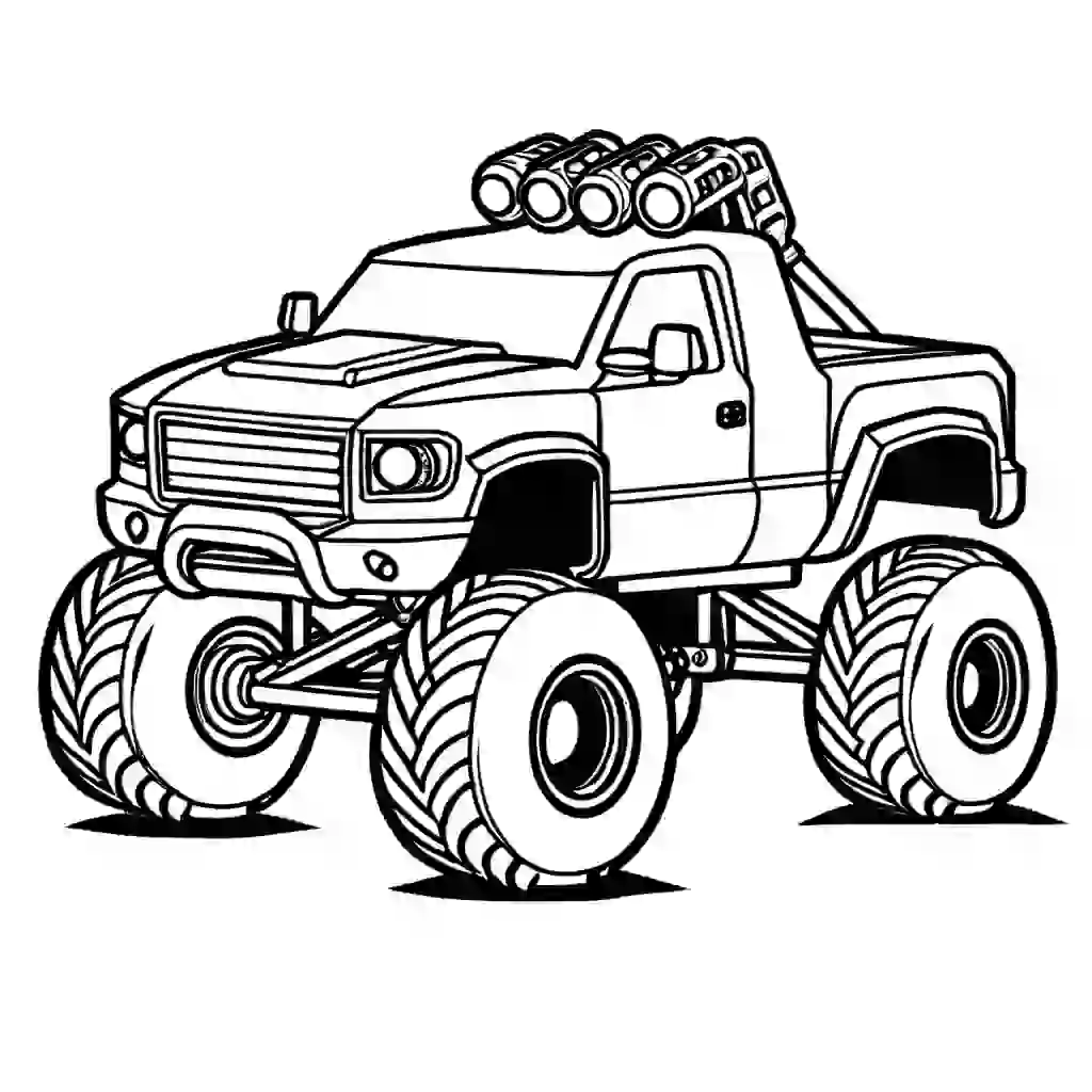 Impressive monster truck with flames painted exterior, showcasing its raw power, great coloring page