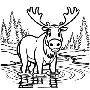 Moose coloring page with antlers drinking water from a stream coloring page