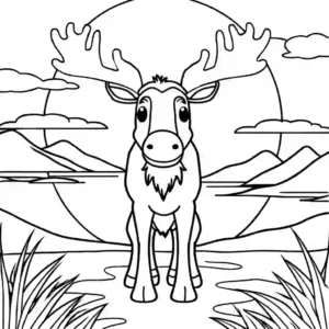 Moose coloring page with stunning sunrise or sunset in the background coloring page