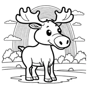 Moose coloring page with a vibrant rainbow in the sky coloring page
