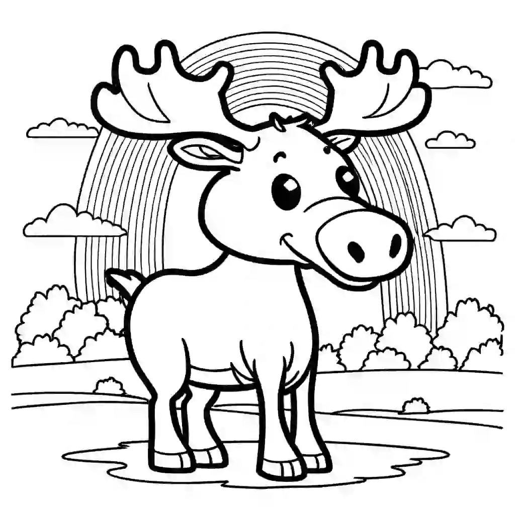 Moose coloring page with a vibrant rainbow in the sky coloring page