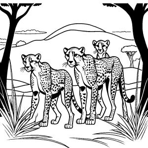 Mother cheetah and two cubs walking in the savanna coloring page
