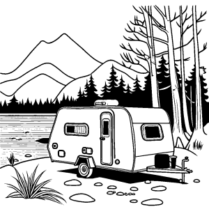 Line drawing of a camper trailer near a riverbank coloring page